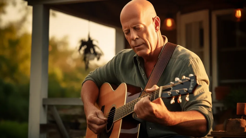 A man with a shaved head, wearing a green shirt, sits on a porch and strums an acoustic guitar. He's focused on his playing and the image is bathed in a warm, golden light. The setting suggests a peaceful, outdoorsy atmosphere.