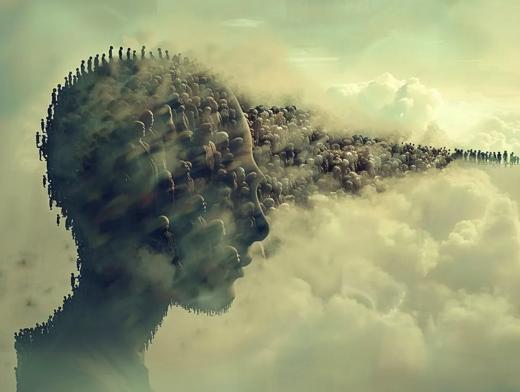 A surreal image depicts a human head formed by a multitude of people. The crowd stretches out into the distance, disappearing into the clouds. The head is silhouetted against a backdrop of fluffy clouds, creating a sense of mystery and introspection. The composition suggests a collective consciousness or the power of the masses.