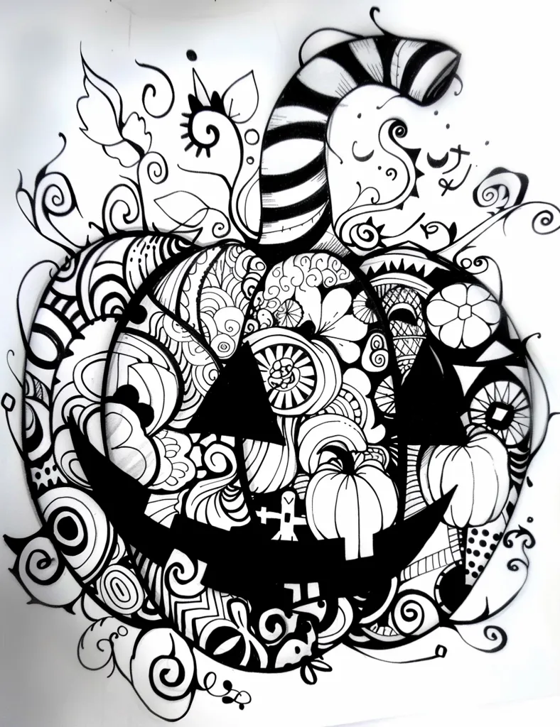 A black and white drawing of a jack-o'-lantern with intricate, swirling details. The pumpkin's face is outlined in a thick black line and filled in black. The stem is a striped, spiral shape, and the surrounding background is filled with a variety of intricate, swirling patterns and shapes, suggesting a Halloween theme. The drawing is likely made with ink or a pen.