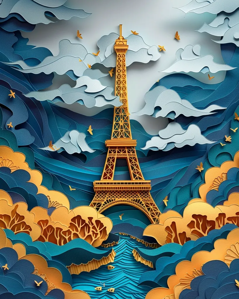 The image is a paper-cut artwork featuring the Eiffel Tower standing tall amidst a vibrant, layered landscape. The background showcases a sky with clouds, while the foreground is filled with intricate paper-cut flowers, foliage, and waves in shades of blue and yellow. The detailed textures and intricate patterns create a sense of depth and dimension, showcasing the beauty of paper art.