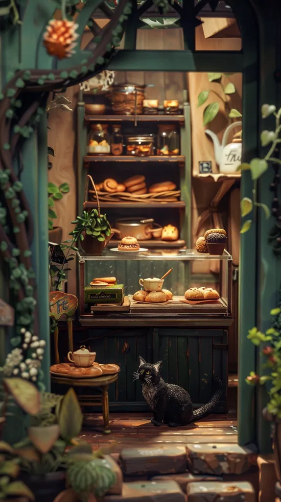 A miniature dollhouse with a bakery theme. The shelves are stocked with pastries and other treats, and there's a black cat sitting on the floor outside. The doorway is decorated with greenery, giving the scene a cozy, whimsical feel. The detail of the miniature furniture and objects is impressive.