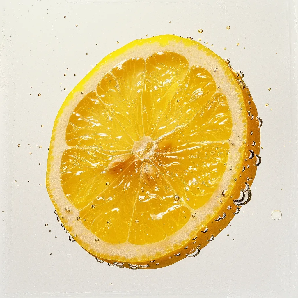A perfectly sliced lemon, with its vibrant yellow flesh and visible seeds, is suspended in water, surrounded by numerous tiny bubbles that create a refreshing and dynamic visual. The image captures the essence of citrusy freshness and the bubbly energy of carbonation.