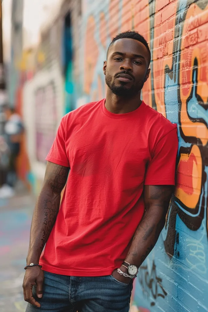 A young man with short, dark hair and a beard, stands against a graffiti covered wall. He is wearing a red t-shirt, blue jeans, and a silver watch. He is looking at the camera with a serious expression.  The graffiti on the wall features a mix of bold colours, including orange, blue and red.  The image has a street-style feel.