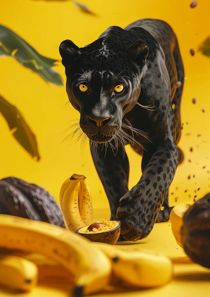 A black panther with piercing yellow eyes stands on a yellow background, its paw resting on a halved avocado. The panther's fur is sleek and spotted, and its gaze is intense.  Surrounding the panther are several yellow bananas and avocados, creating a vibrant and contrasting scene. The image has a playful, almost whimsical feel, as if the panther is enjoying a snack in a surreal setting.