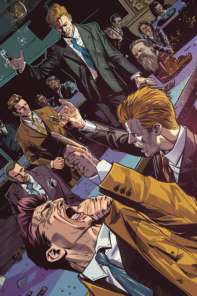 The image depicts a scene of chaos and tension. A group of men in suits, some with their faces obscured, are gathered around a table. One man, wearing a brown suit, is choking another man who is lying on the floor. The scene is lit by flickering lights and filled with the energy of a confrontation. The men's expressions are intense, reflecting the gravity of the situation. The overall atmosphere is one of impending violence and uncertainty.