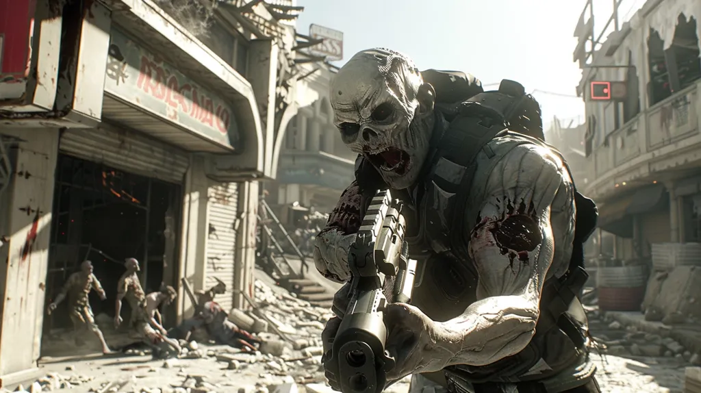 A skeletal, zombie-like figure, clad in tactical gear and holding a rifle, stands amidst a war-torn city. The figure's face is a gruesome mask of bone and exposed flesh, with a menacing grin. Several other zombies can be seen in the background, further emphasizing the post-apocalyptic setting. Rubble and debris litter the street, creating a scene of chaos and devastation. The overall atmosphere is one of intense tension and impending danger.