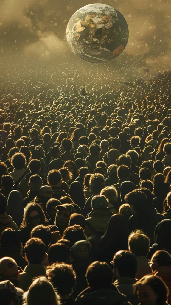 A large crowd of people stand before a large, illuminated Earth in the sky. The people are in silhouette against a light background, and the Earth is the main focus of the image. The scene evokes a sense of awe and wonder, possibly suggesting the importance of the planet and the unity of humanity. The image could be a metaphor for global interconnectedness or the fragility of our planet.
