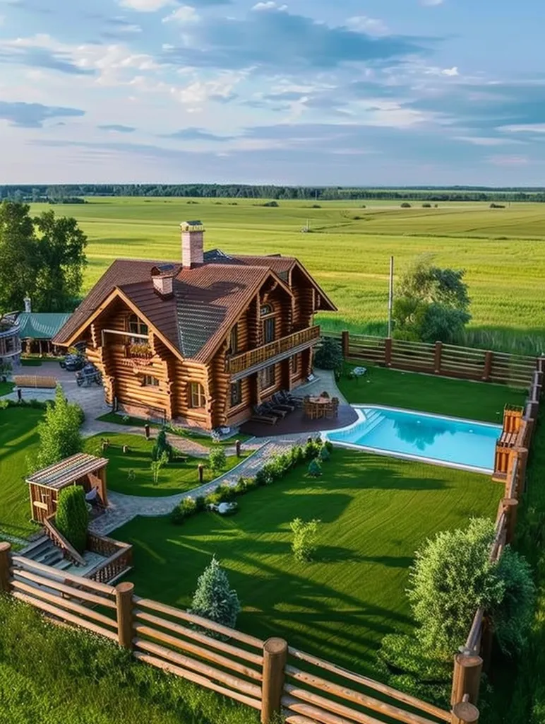 A wooden cabin with a large yard and a swimming pool stands on a hill overlooking a vast green field. The cabin has a brown roof and multiple windows. The yard is lush with green grass, trees, and flowers. A wooden fence surrounds the property. The sky is blue with fluffy white clouds. The scene is peaceful and idyllic.