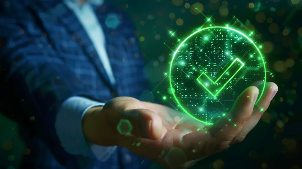 The image depicts a person's hand holding a glowing green checkmark inside a circular, digital frame. The checkmark symbolizes approval, completion, or success. The digital frame and the green light suggest a technological or digital context. The background is blurred and features green and blue hues, creating a sense of mystery and advancement. The image could represent the achievement of a goal or the successful completion of a task in the digital world.