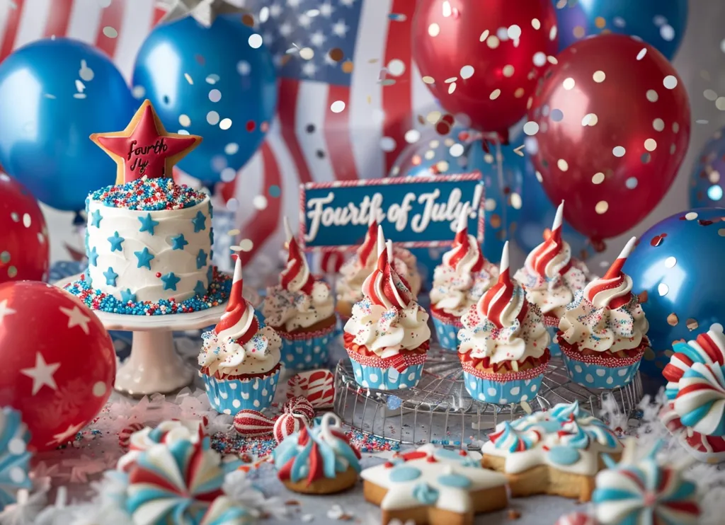A festive Fourth of July spread featuring a small cake adorned with a star-shaped cookie, surrounded by cupcakes and cookies decorated in red, white, and blue.  The scene is completed with an American flag backdrop, balloons, and confetti.  The table is covered in sprinkles, adding to the celebratory atmosphere.  The image evokes a sense of patriotic pride and joyous celebration.