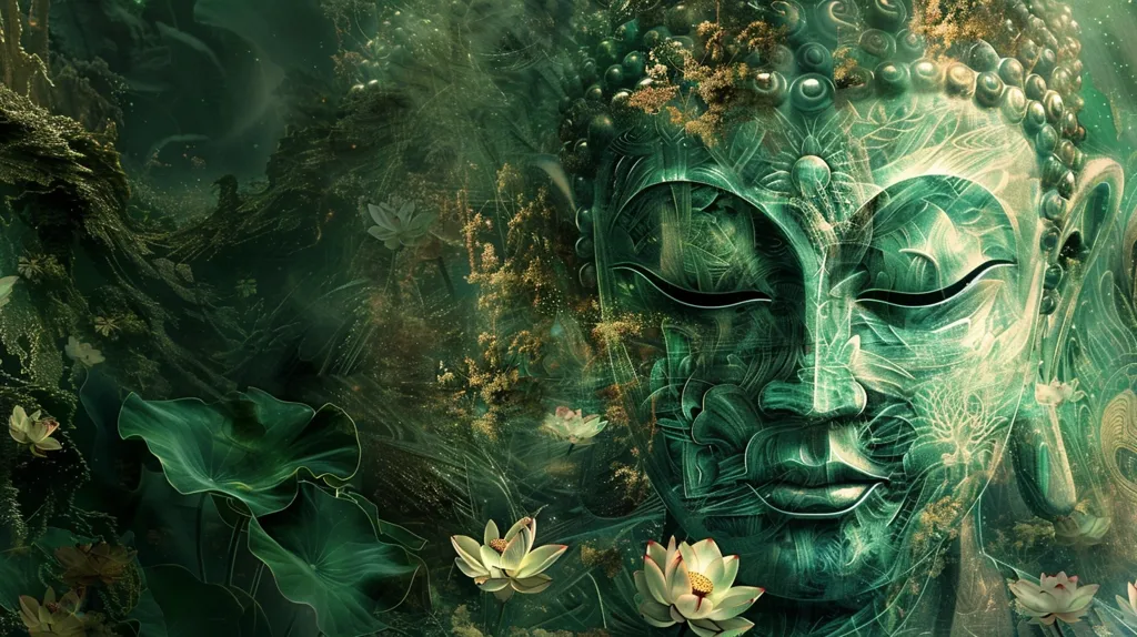 A serene and mystical image depicts the face of Buddha, rendered in a green and gold palette. The face is adorned with intricate patterns and surrounded by a lush, dreamlike forest. Lotus flowers bloom amidst the foliage, adding to the peaceful ambiance. The image evokes a sense of tranquility and connection to nature.