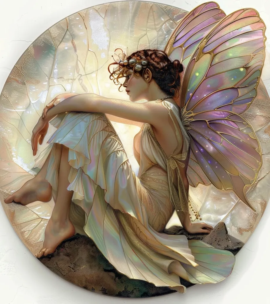 A beautiful fairy with large iridescent wings sits on a rock. She is wearing a white dress with gold trim and a pearl necklace. She has long, flowing brown hair and her eyes are closed. The background is a shimmering, pearlescent shell. The image has a magical and ethereal quality.
