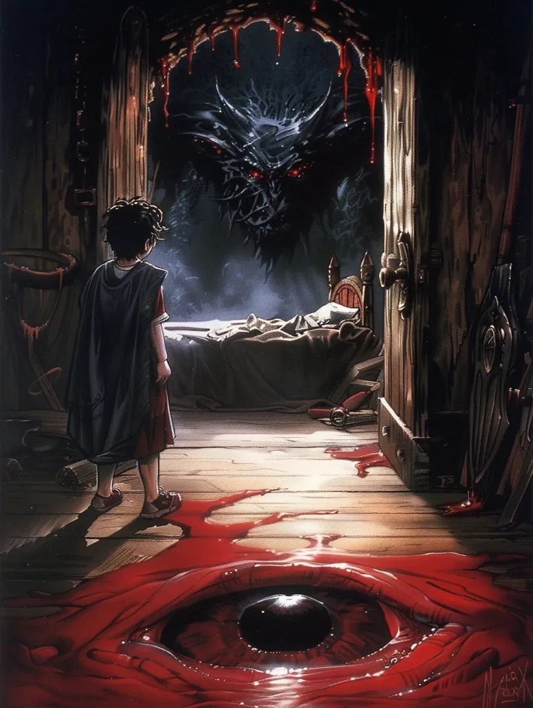A young boy in a dark room stands in the doorway, looking towards a monstrous, shadowy figure in the bedroom beyond. The room is stained with blood, and a large, fleshy eye emerges from the floor. The scene evokes a sense of fear and dread.