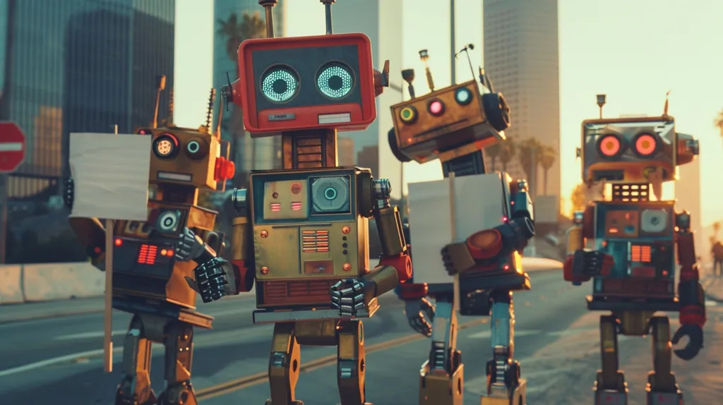 Four robots, with retro designs and carrying blank signs, walk down a city street. Tall buildings and a setting sun are in the background, creating a futuristic and slightly dystopian scene. The robots seem to be protesting something, with their blank signs signifying their message.  The image suggests a world where robots have become integrated into society, and have their own opinions and desires.  The focus is on the robots and their message, with the city backdrop serving as a neutral background.