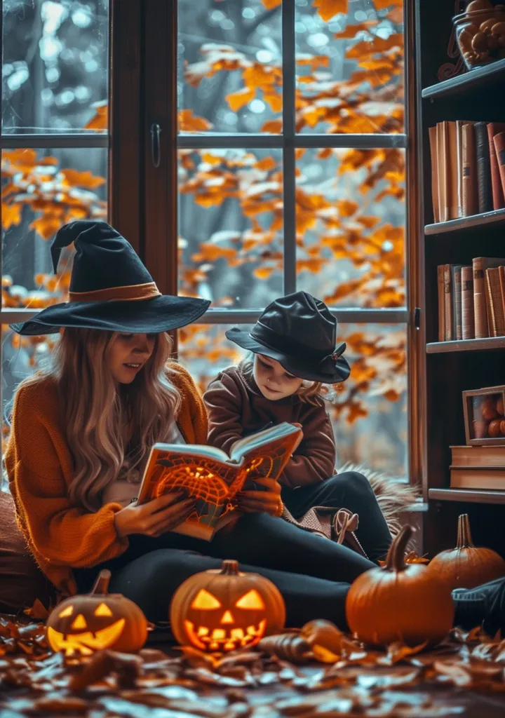 A woman in a witch's hat reads a book to a child wearing a hat.  The woman is sitting on the floor, surrounded by lit jack-o-lanterns and autumn leaves. There is a window behind them, through which you can see an autumnal scene. The scene is set against a bookshelf filled with books.  The warm light from the pumpkins casts a glow on the scene.