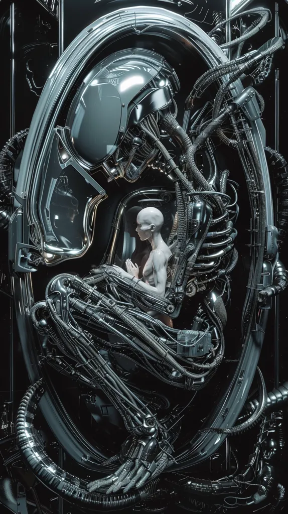 A futuristic, mechanical being, with intricate wiring and tubing, appears to be holding a human figure within a large, metallic pod. The human figure sits calmly with their hands clasped in their lap, their expression calm and contemplative. The scene is shrouded in darkness, highlighting the stark contrast between the human and the machine. The image evokes a sense of wonder and mystery, hinting at the potential for both beauty and danger in a technologically advanced future.