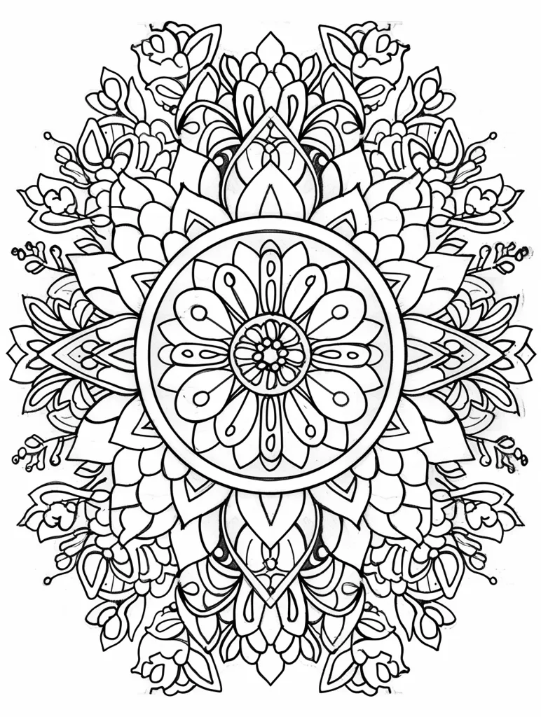 The image is a black and white mandala with intricate floral designs. The central circle is a stylized flower with multiple petals and a smaller flower in its center. The surrounding design is layered, with intricate patterns of leaves and flowers.  The artwork has a symmetrical and complex composition, creating a sense of balance and order.