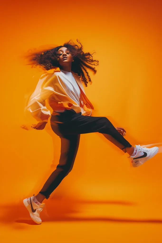 A young woman with long curly hair is leaping through the air in front of an orange background.  She is wearing a white t-shirt, a yellow jacket, and black pants.  Her right leg is extended in front of her, and she is wearing white sneakers.  Her left foot is behind her, and her arm is outstretched behind her.  She looks confident and carefree.