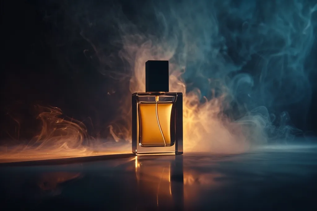 A glass bottle of perfume sits on a dark surface, surrounded by swirling smoke. The bottle is filled with a golden liquid and has a black cap. The smoke is backlit by a warm light, creating a dramatic and mysterious atmosphere. The composition is simple, yet effective, emphasizing the beauty and allure of the perfume.