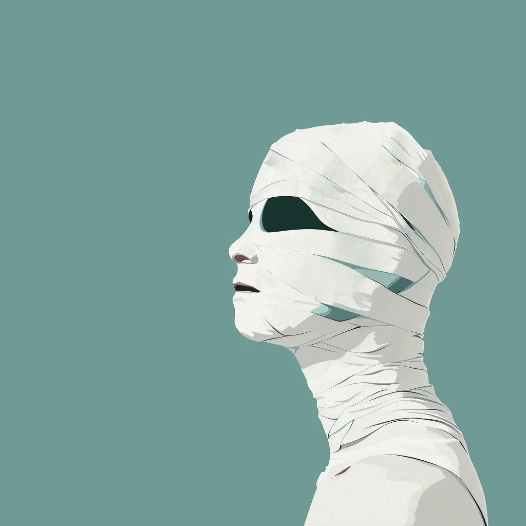 A person's head is completely wrapped in white bandages, leaving only their mouth visible. The person is facing to the right and gazing upwards. Their expression is stoic and the background is a muted teal.  The image is simple and evocative, suggesting a sense of mystery and concealment.