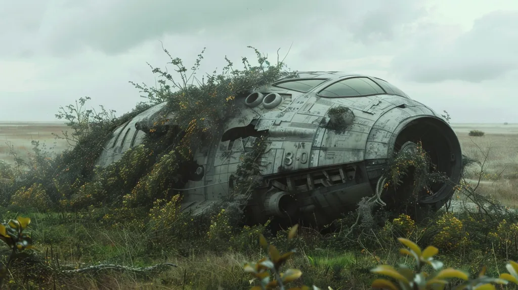 A large, metallic, futuristic vehicle lies partially submerged in a field of overgrown green vegetation. The vehicle is heavily damaged, with sections missing and the metal surface covered in rust. The vegetation is growing over the vehicle, obscuring parts of it.  The scene has a sense of abandonment and decay.  The sky is overcast, and the air is hazy. The scene evokes a sense of mystery and intrigue.  It suggests that something catastrophic has happened, leaving this vehicle as a relic of the past.