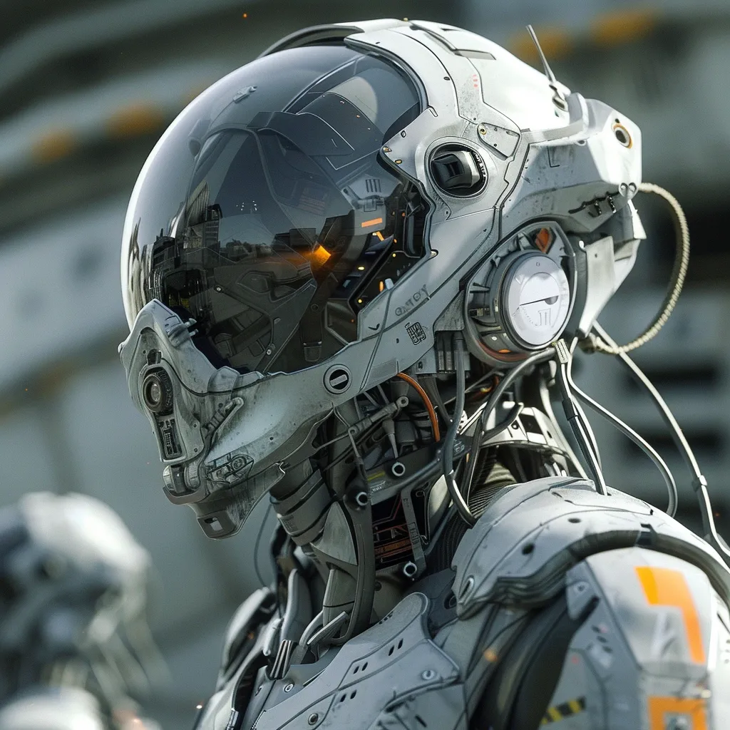 A close-up of a robotic figure wearing a futuristic helmet. The helmet is white with a clear visor that reveals a complex interior. The figure's body is also white and has a metallic sheen. The image has a gritty, industrial aesthetic, suggesting a science fiction setting.