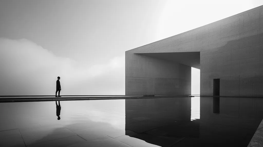 The image is in black and white, showing a person standing on a concrete platform. Behind the person is a large concrete structure with an open doorway leading to a bright white space. The platform is reflected in the still water below. The minimalist design and monochrome aesthetic create a sense of calm and solitude.