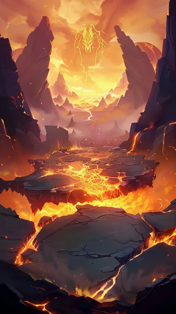 A fiery landscape with a large, glowing creature in the sky. Cracked, dark rock formations rise from a molten lava flow. The scene is filled with an orange and red glow, creating a dramatic and otherworldly atmosphere.
