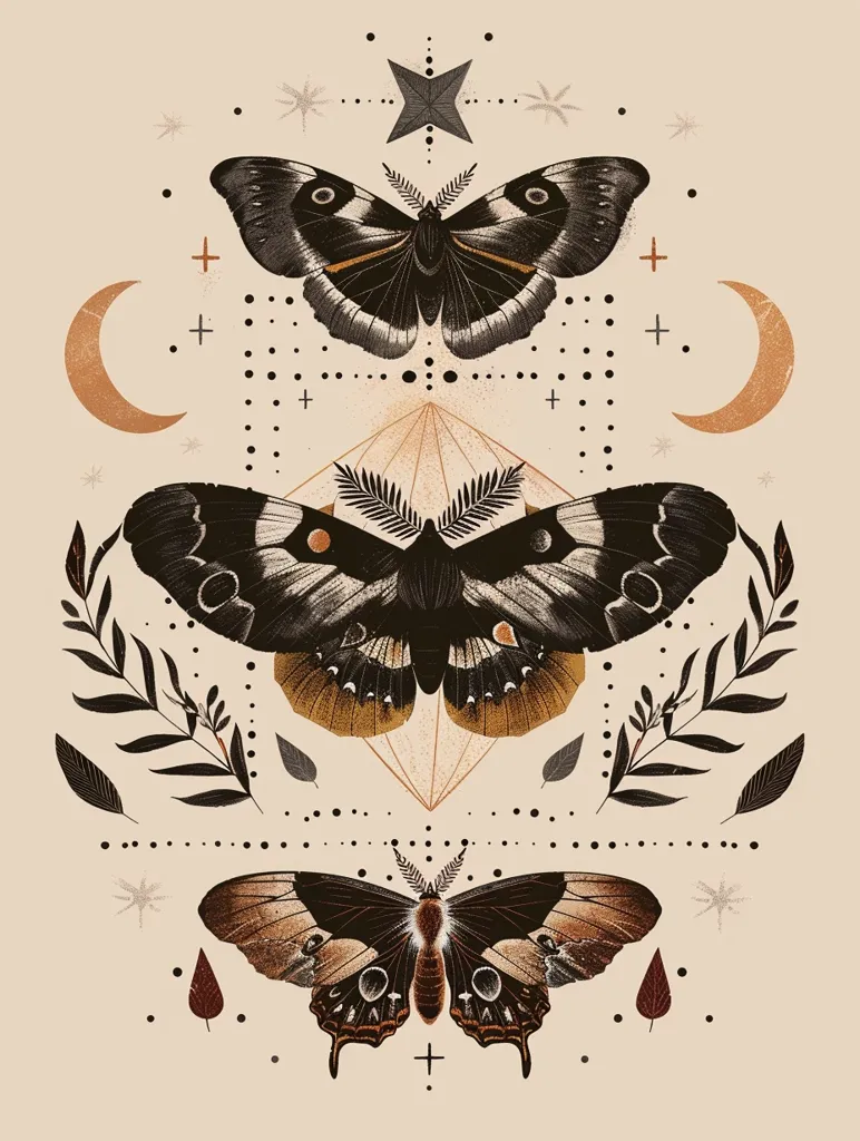 The image is a symmetrical arrangement of three black moths with brown accents, positioned vertically against a beige background. Each moth is surrounded by delicate black and brown foliage, and a geometric design. The top moth is framed by a star and two crescents. The design evokes a sense of magic and mystery.