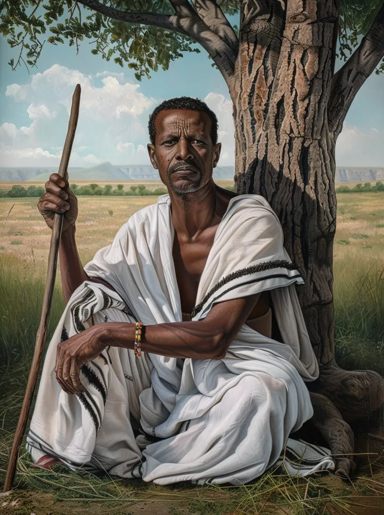 A man in a white robe sits with his back against a tree trunk. He is holding a long stick in his left hand and is wearing a beaded bracelet on his right wrist. His face is stoic and he is looking off to the side. The scene is set in a grassy field with rolling hills in the background. The image is painted in a realistic style.