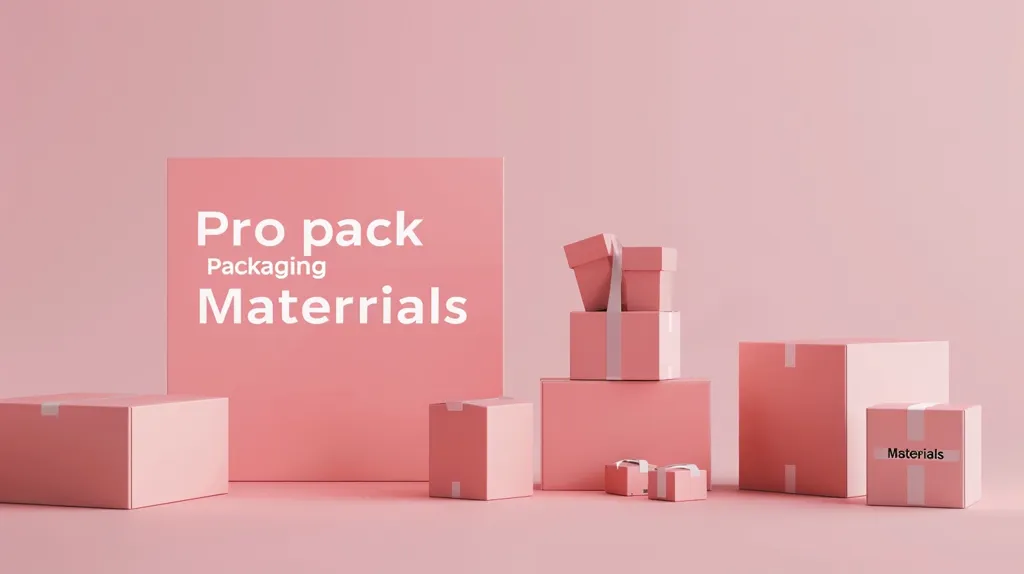 The image features a pink background with various sizes of pink cardboard boxes. The boxes are arranged in a still life, with a large pink panel behind them. The panel displays the words "Pro pack Packaging Materials". The boxes are different sizes and some are stacked. The image conveys a sense of modern and simple product packaging.