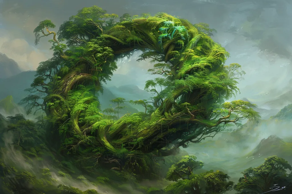 A lush, green forest with a giant tree forming a circular archway. The tree is covered in moss and vines, and its branches reach out towards the misty sky. The forest floor is covered in foliage, and the air is thick with humidity. The scene is serene and peaceful, evoking a sense of mystery and wonder.