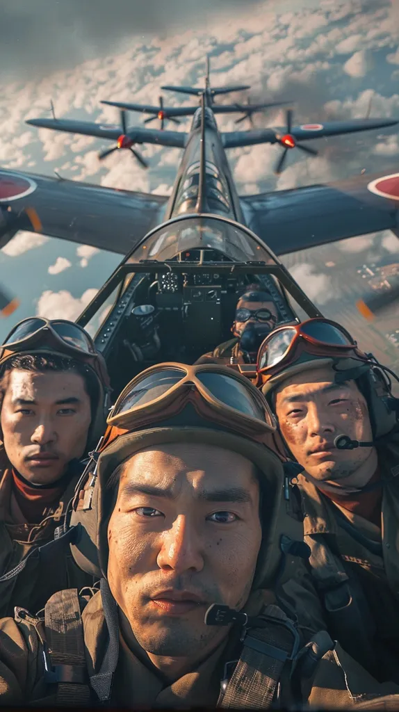 Three young men, wearing military attire and aviator goggles, are seated in the cockpit of a vintage bomber plane. The plane is flying above a cloudy sky, and the men appear focused and determined. The image evokes a sense of adventure and wartime camaraderie.  The photo is taken from a selfie angle, making the viewer feel like they are also in the cockpit.