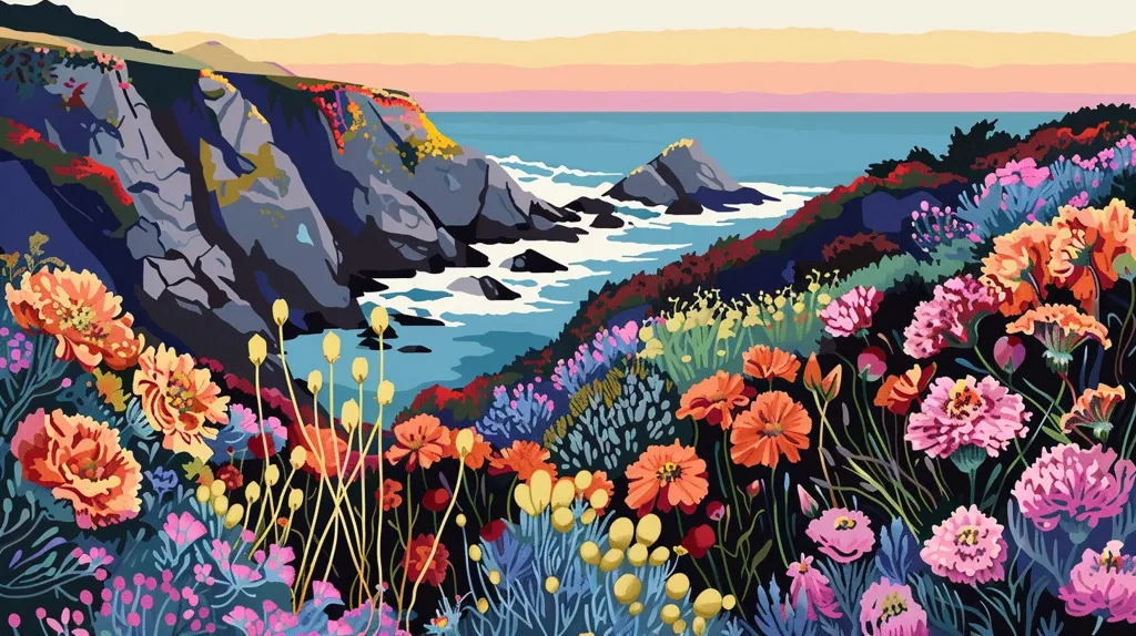 A vibrant, abstract landscape painting depicts a rocky coastline with crashing waves in the distance. The foreground bursts with colorful flowers in shades of pink, orange, yellow, and blue, creating a dynamic contrast against the muted tones of the cliffs and ocean. The painting evokes a sense of nature's beauty and the tranquility of the coastal landscape.