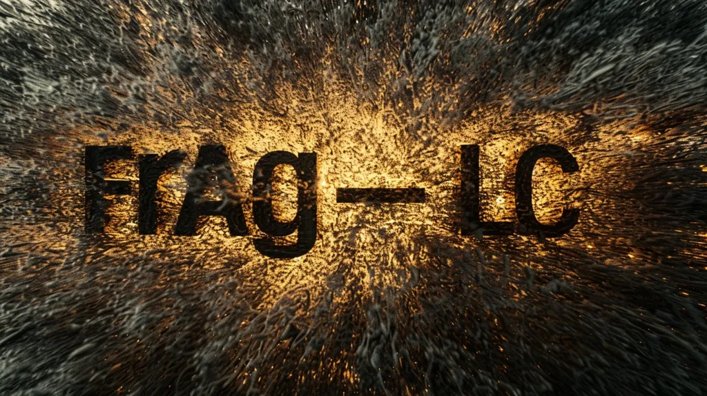 The image shows the word "FRAG-LC" in bold black letters against a background of swirling, glowing particles. The particles are a mix of black and gold, creating a sense of chaos and energy. The word appears to be embedded in the center of the swirling particles, suggesting a powerful and explosive event. The overall effect is visually striking and evokes a sense of movement and intensity.