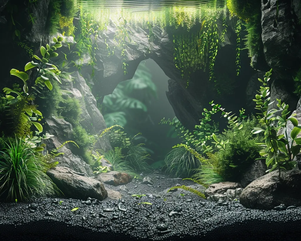 The image shows a lush, green, and mossy cave-like environment. Sunlight filters through the foliage, illuminating the moss-covered rocks and casting a warm glow on the lush greenery.  The image captures a sense of tranquility and mystery, with a hidden path leading into the depths of the cave. The scene suggests a hidden sanctuary within the depths of nature.