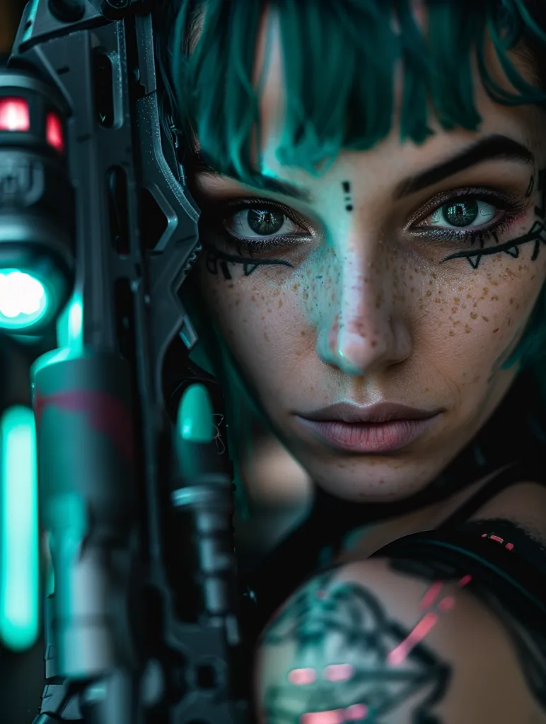 A woman with teal hair and freckled skin stares intensely at the camera, holding a futuristic weapon close to her face. Her eyes are accentuated with dark eyeliner and her lips are painted a soft pink. Her shoulder is adorned with a intricate tattoo that glows in the dim lighting. The image creates a sense of mystery and intrigue, hinting at a story waiting to be told.