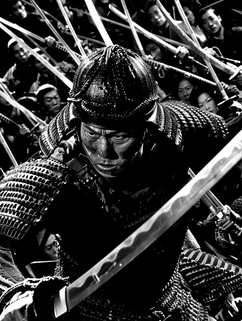 A samurai warrior in full armor, with a sword in hand, stands amidst a crowd of other warriors. The image is in black and white, creating a stark contrast between the light and dark elements. The samurai's face is grim, highlighting his focus and determination. The scene is full of tension and suspense, with the swords and the warrior's determined stance suggesting an imminent battle.  The composition is dynamic, with the swords and the warrior's body forming a series of intersecting lines that draw the viewer's eye to the center of the image.