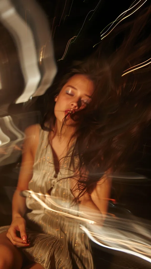 A woman with long dark hair sits in a blurry photograph with a bright light source out of frame, casting a streak of light across the image.  Her hair covers most of her face, but her eyes are visible, looking up, and her mouth is slightly open. She is wearing a light-colored, glittery dress.  The picture has a soft, ethereal feel.