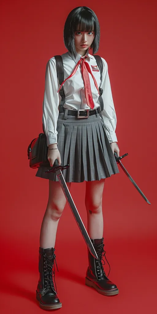 A young woman in a white shirt, grey pleated skirt, and black boots holds two swords in her hands, one in each. She wears a black backpack and a red ribbon around her neck, her black hair falls to her shoulders. She is standing on a bright red background. The image is styled to appear dramatic and slightly threatening.