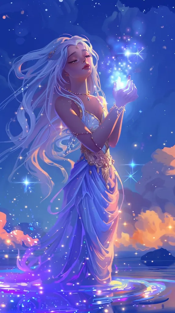 A beautiful woman with long flowing white hair, dressed in a sparkling blue gown, holds out her hand towards a swirling mass of light.  She stands in a pool of shimmering water beneath a night sky scattered with stars. Her expression is one of wonder and awe, as if she is connecting with a magical force. The entire image exudes a sense of enchantment and otherworldly beauty.