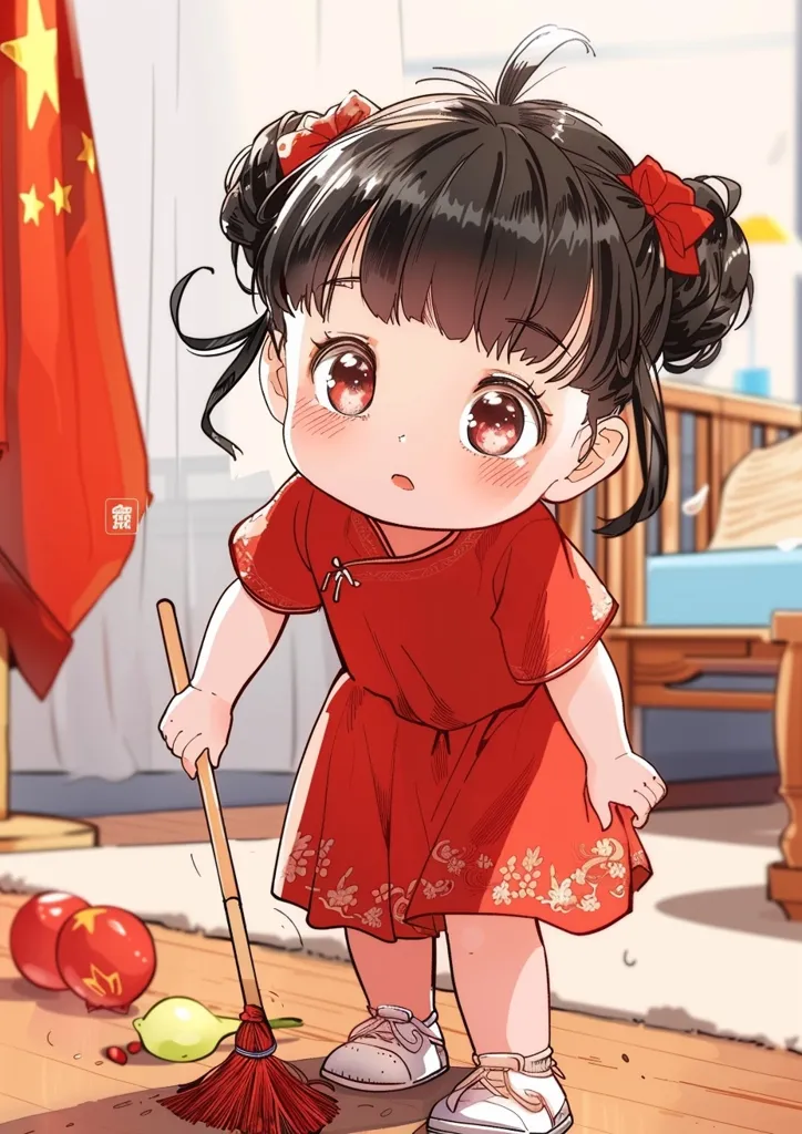 A young girl in a red dress with a red bow in her hair, is sweeping the floor with a broom. She has big eyes and a cute expression, her cheeks are flushed. She looks like she's trying hard to do a good job.  A red flag with stars is visible in the background.  The scene is bright and cheerful.