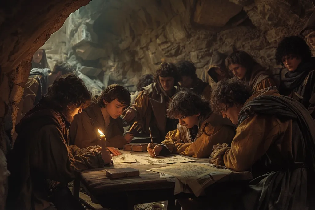 A group of young men dressed in medieval garb are gathered in a dimly lit cave. They are hunched over a table, diligently writing on parchment. A single flickering candle illuminates their faces. The stone walls of the cave create a sense of secrecy and urgency. Their expressions are intense, suggesting a sense of importance and perhaps even danger.
