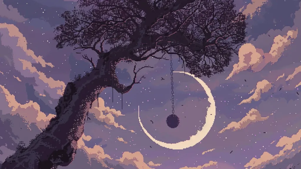 A large, dark tree with twisting branches stands against a backdrop of a crescent moon, a starry night sky, and fluffy clouds. A heavy, dark object hangs from a chain, swinging from the tree branch. The image is pixelated, giving it a retro, digital aesthetic. The colors are muted and soft, evoking a feeling of tranquility and wonder.