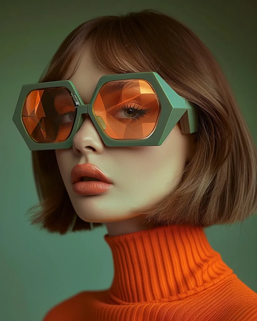 https://s.mj.run/zqNGRHyZ-2c matte is point of this picture, matte glasses, mate coloA high-fashion, futuristic portrait of a woman with a striking, vibrant look. The woman has a sleek, chin-length bob haircut in a bold red-orange color. She is wearing a pair of large, oversized, geometric glasses in a contrasting greenish-grey hue. Her outfit is a high-neck, ribbed turtleneck sweater in a bright, matching red-orange color. The background is a solid, muted dark green, creating a striking contrast with her outfit and hair. The woman's makeup is flawless with a focus on her lips painted in a soft coral color and her eyes accentuated with dramatic, long eyelashes. The overall aesthetic is retro-futuristic with a hint of avant-garde. The lighting is soft and even, highlighting the textures and colors perfectly. --ar 4:5 --s 750 --v 6.0