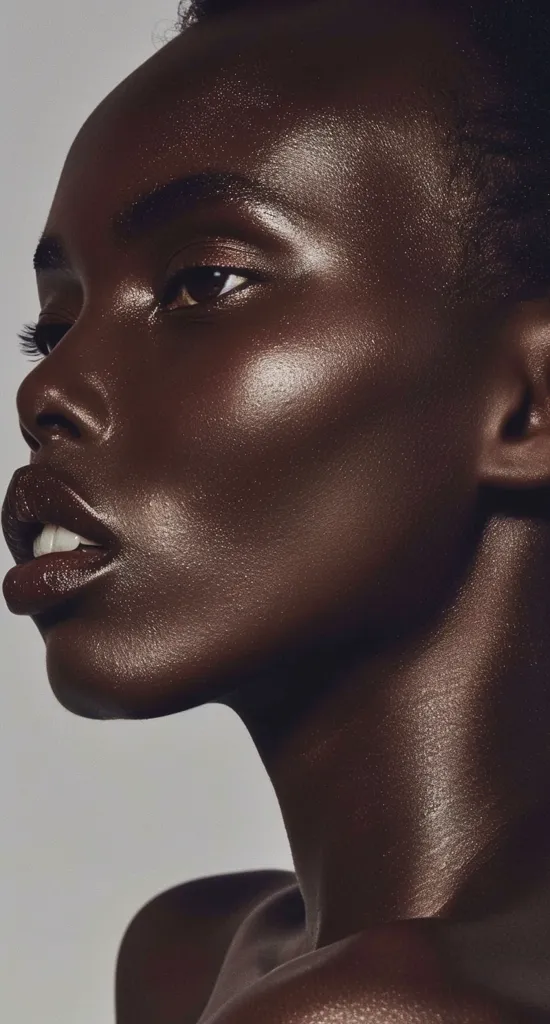 The image is a close-up portrait of a Black woman's face. Her skin is dark and smooth, with a subtle sheen of light. Her eyes are closed, and her lips are slightly parted, revealing a hint of her teeth. The image is a study in beauty and grace.  She is looking off to the side, with a calm and peaceful expression. The lighting is soft and diffused, creating a sense of intimacy. The image is both striking and evocative.