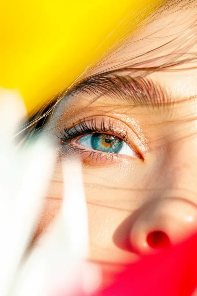 A close-up of a woman's eye, with long lashes and a bright blue iris. The image is soft and blurry, with a yellow background and a hint of red in the foreground.  The woman's skin is smooth and her expression is peaceful.  The image captures the beauty of a single, simple detail.