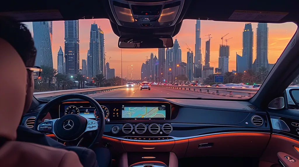 A driver in a luxury car with leather interior is looking out at a cityscape at sunset. Tall buildings line the road as the car drives along the highway.  The warm colors of the sunset and the lights of the city create a beautiful and serene view. The car's dashboard is visible, with navigation displayed on the screen. The driver is taking in the beauty of the cityscape.