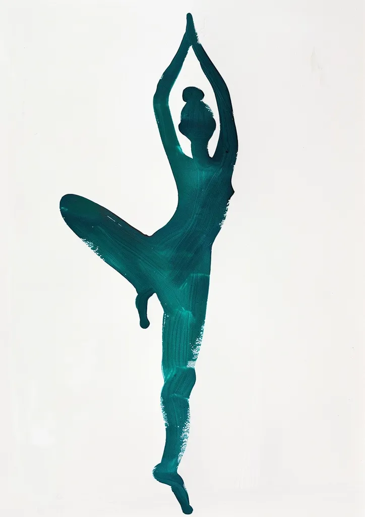 A teal silhouette of a person in a yoga pose is depicted on a white background. The figure is in a dynamic pose with one leg raised high, their arms extended above their head, and their body curved in a graceful arc. The image is simple yet expressive, capturing the essence of movement and balance.