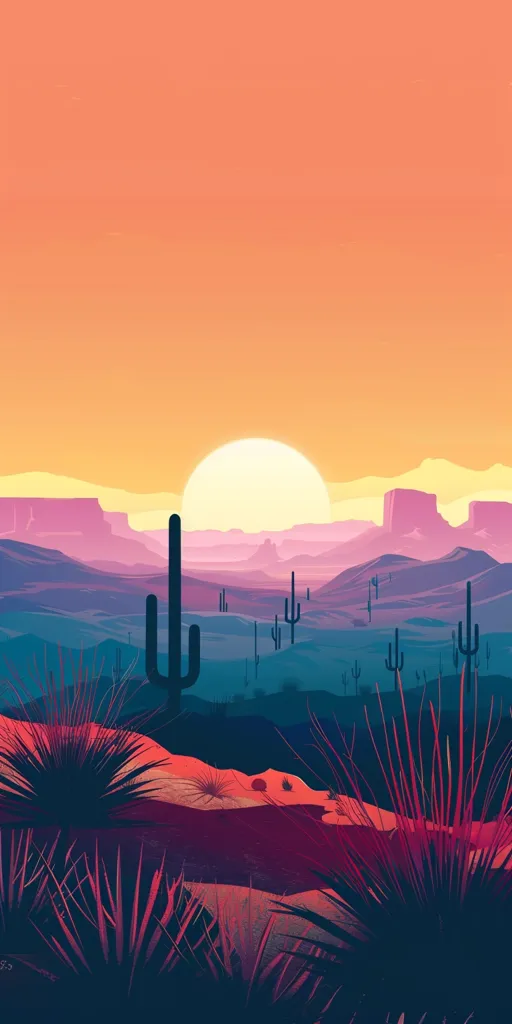 The image depicts a desert landscape with a large, bright sun in the background. The foreground is filled with tall, spiky plants, while the midground features a collection of cacti against a backdrop of rolling hills. The sunset casts a warm, orange glow over the scene, creating a sense of tranquility. The overall impression is one of vastness and solitude.